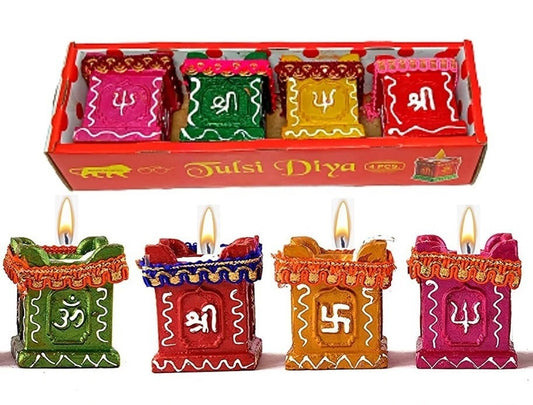 Set of 4 Clay and Terracotta Colourful Hand Painted Puja Tulsi Diya Candle for All Kind of Festival — product image
