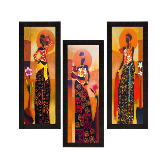 eCraftIndia Set Of 3 Tribal Village Ladies Satin Matt Texture UV Art Painting — product image