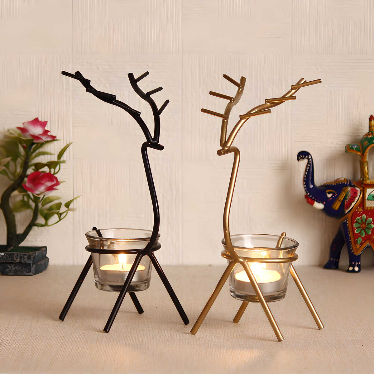 eCraftIndia Set of 2 Deer Shape Decorative Handcrafted Metal Tea Light Holder — product image