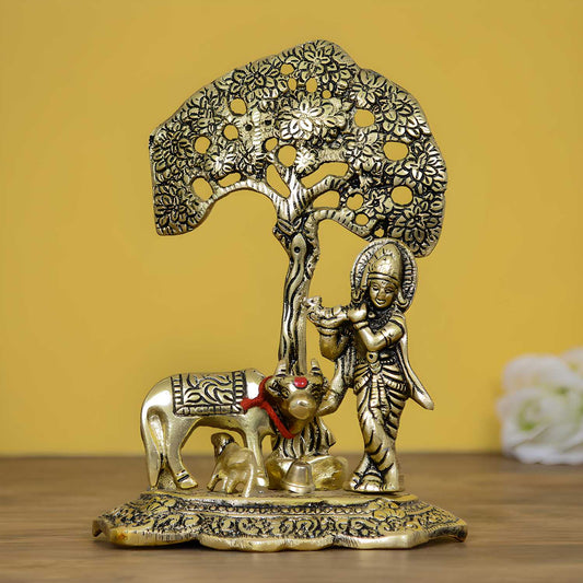 eCraftIndia Lord Krishna playing Flute under Tree with Golden Cow and Calf Showpiece — product image