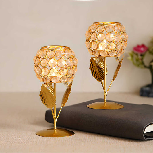 eCraftIndia Set of 2 Glass With Leaf Shape Crystal Tea Light Holder — product image