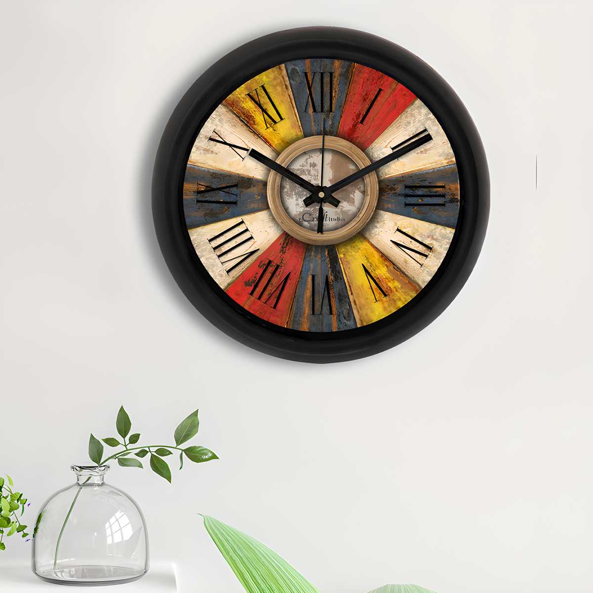 eCraftIndia Rustic Multicolor Designer Round Analog Black Wall Clock — product image